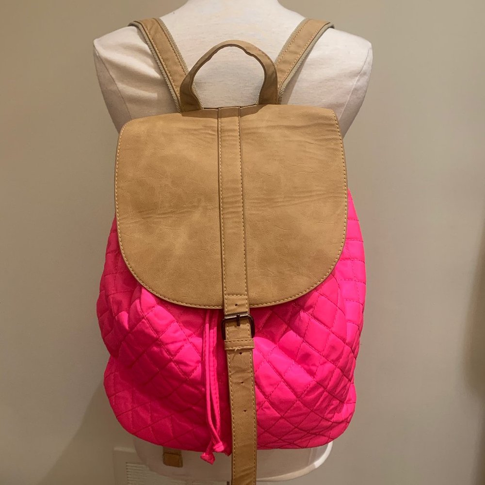 Hot pink Quilted Backpack / Beige suede straps